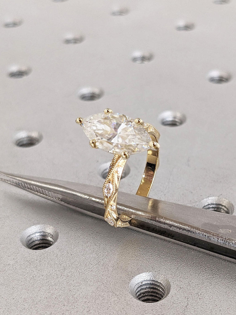 2ct Marquise Moissanite Engagement Ring | Unique Marquise Ring | 18k Yellow Gold Wedding Ring | Marquise Moissanite Vintage Style Antique Milgrain Ring