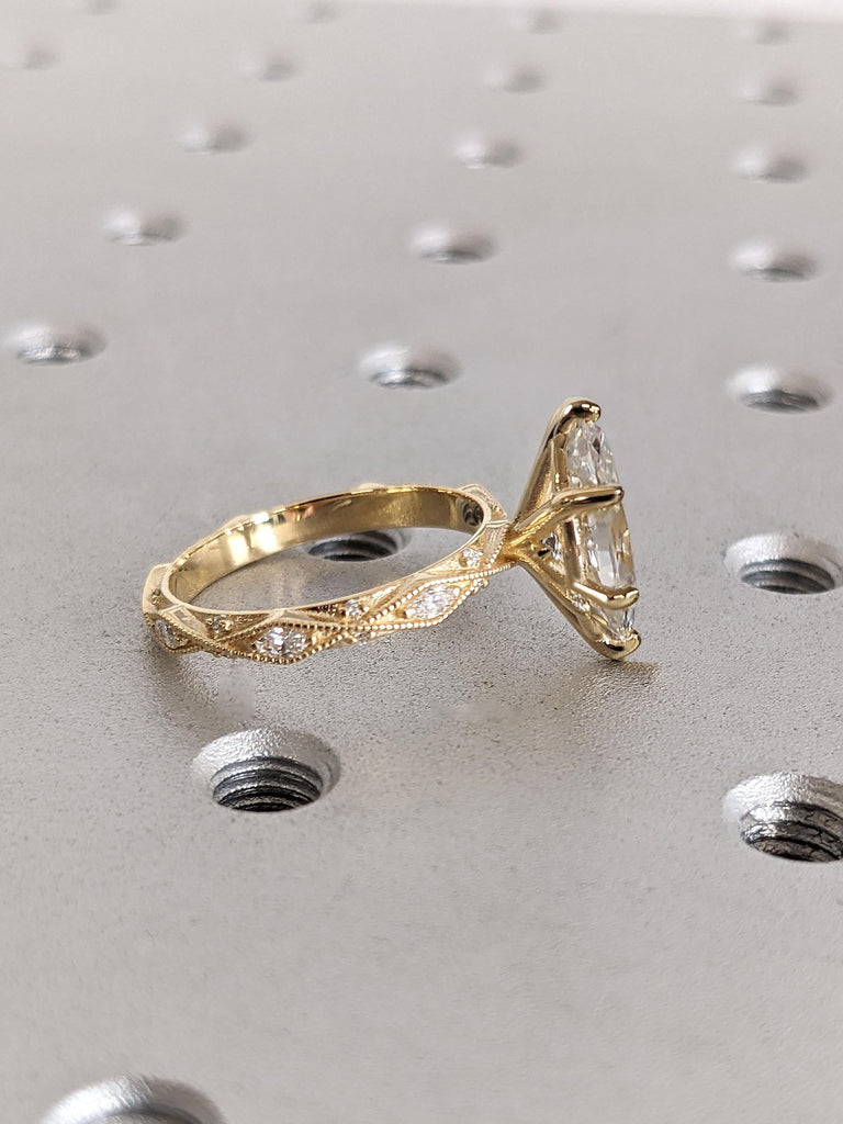 18k Yellow Gold Marquise Moissanite Engagement Ring | Unique Marquise Ring | Vintage Style Wedding Ring | Antique Milgrain Promise Ring