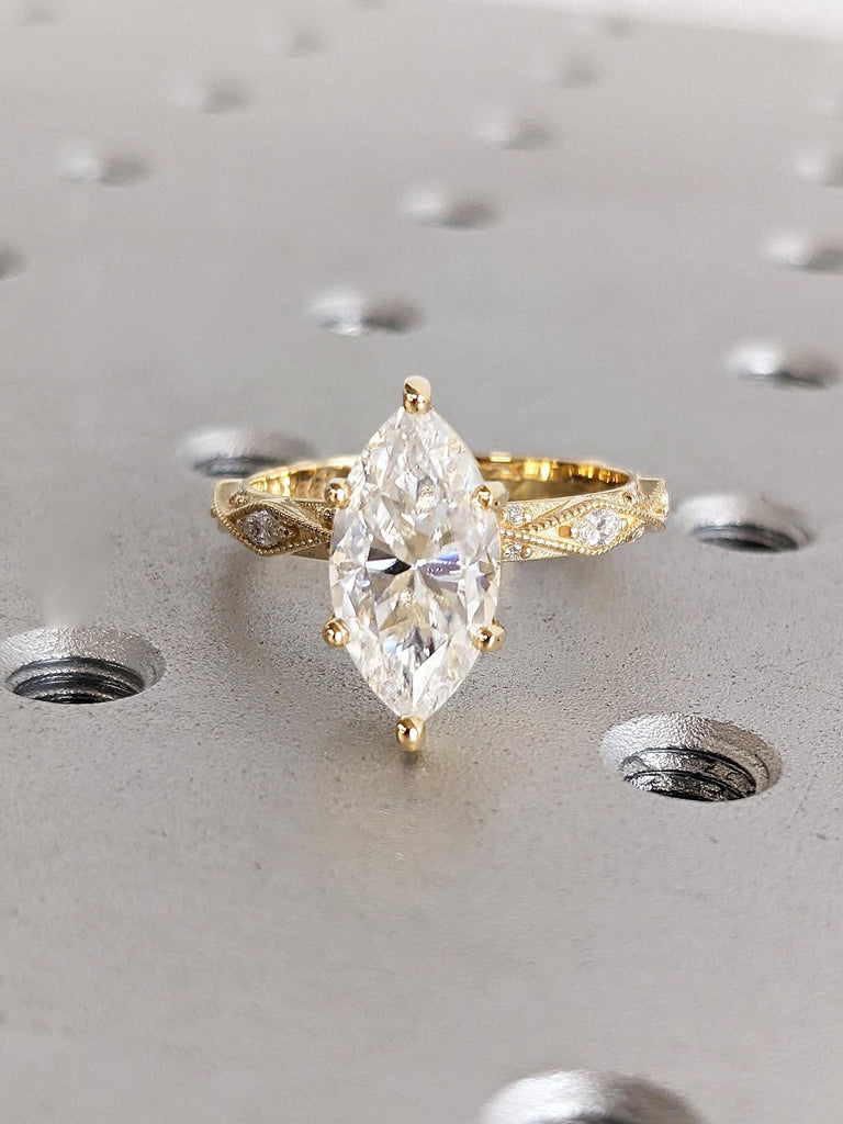 Solid Yellow Gold Marquise Cut Engagement Ring | 1-2CT Marquise Moissanite Ring | Milgrain Wedding Ring | 6 Prongs Anniversary Ring For Her
