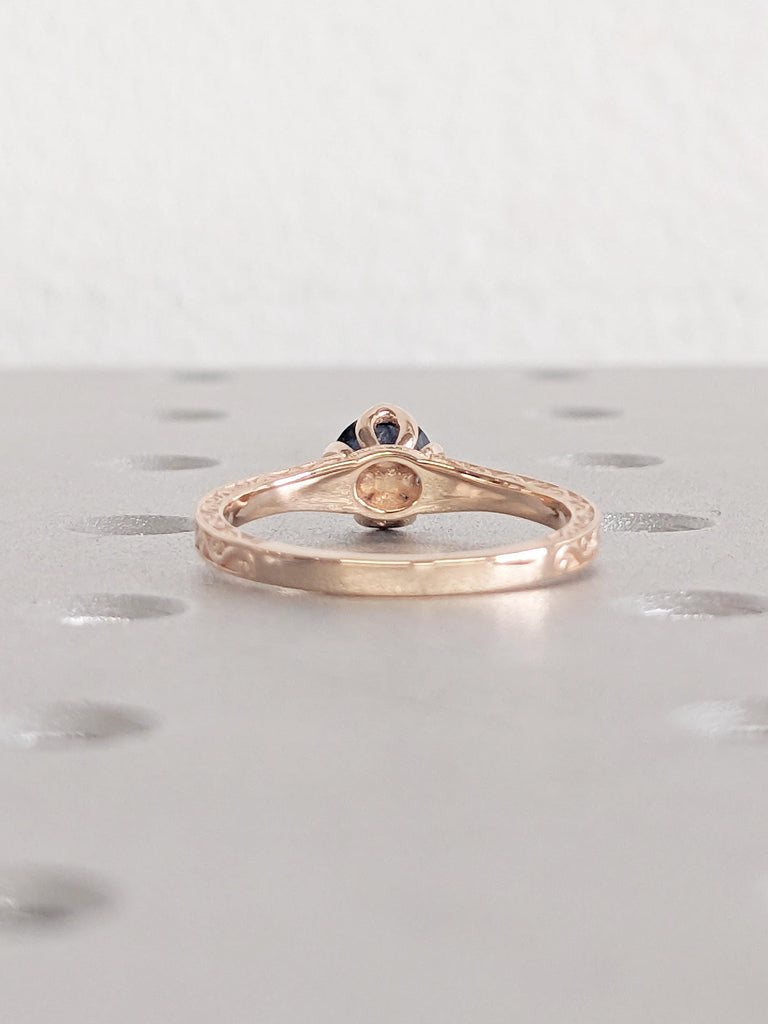 Round Cut Teal Sapphire Engagement Ring, 14k Rose Gold Filigree Ring, Tulip Ring, Natural Sapphire Solitaire Ring, September Birthstone Ring