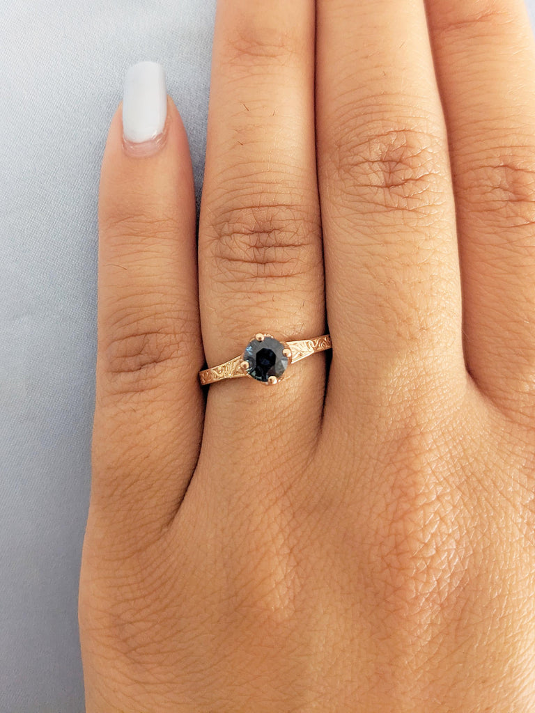 Round Cut Teal Sapphire Engagement Ring, 14k Rose Gold Filigree Ring, Tulip Ring, Natural Sapphire Solitaire Ring, September Birthstone Ring