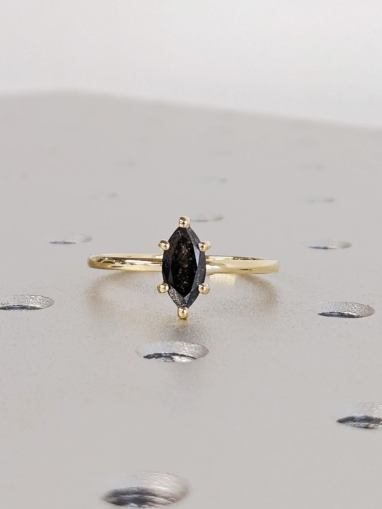 Classic Marquise Cut Salt and Pepper Diamond Bridal Engagement Ring, Solitaire Solid Gold Wedding Ring, 14K Yellow Gold Galaxy Diamond Ring