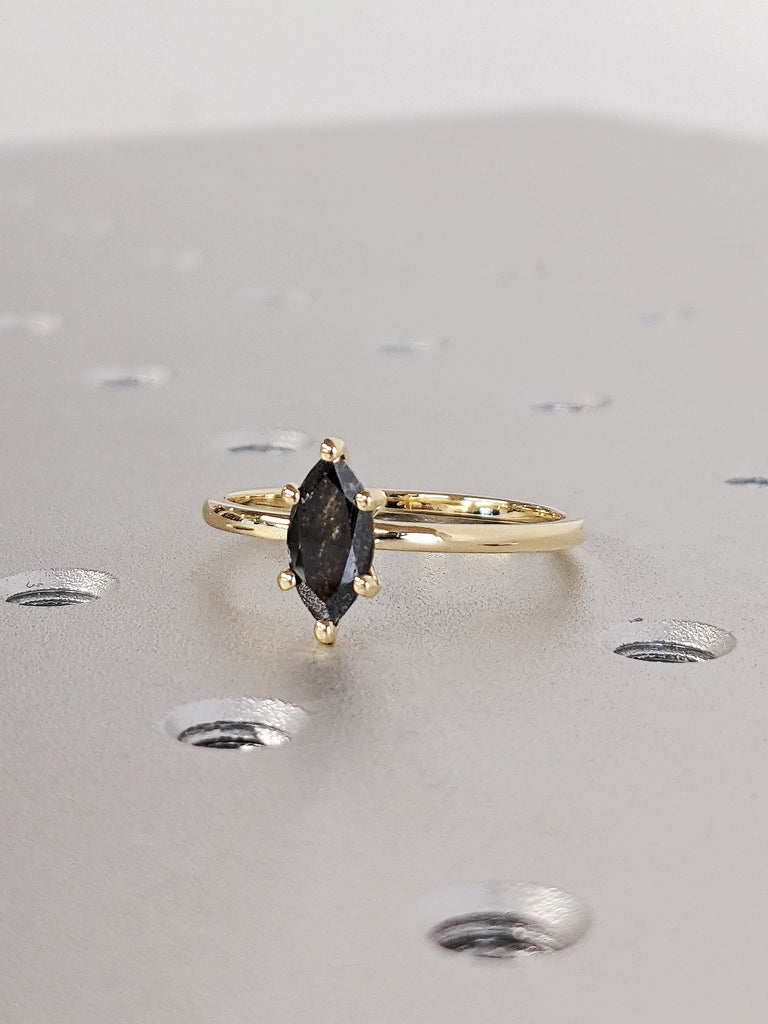 14K Solid Yellow Gold Marquise Cut Salt and Pepper Diamond Engagement Ring, Slim Gold Wedding Band, Raw Salt & Pepper Diamond Solitaire Ring