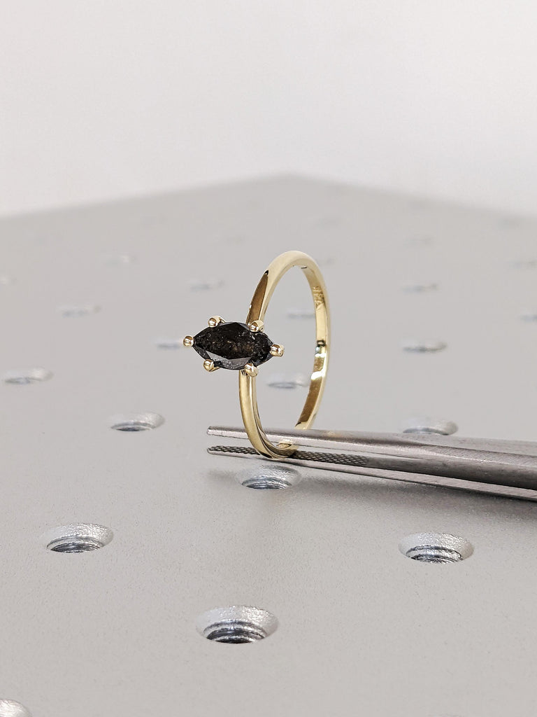 14K Solid Yellow Gold Marquise Cut Salt and Pepper Diamond Engagement Ring, Slim Gold Wedding Band, Raw Salt & Pepper Diamond Solitaire Ring