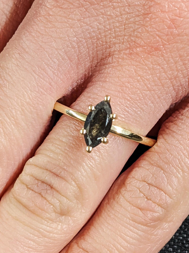 14K Solid Yellow Gold Marquise Cut Salt and Pepper Diamond Engagement Ring, Slim Gold Wedding Band, Raw Salt & Pepper Diamond Solitaire Ring