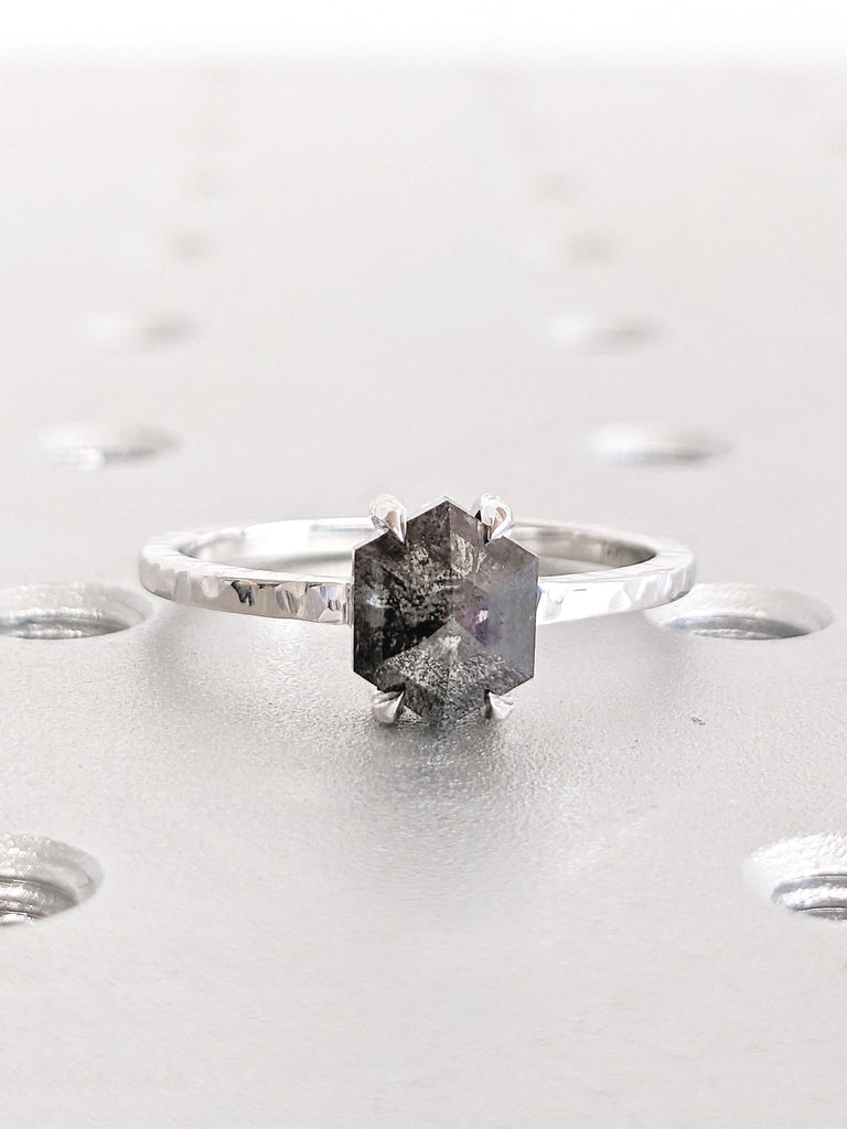 Hammered Ring, Hexagon Engagement Ring, Salt and Pepper Diamond Ring, Dainty White Gold Ring, Wedding Anniversary Ring, Unique Gift for Mom