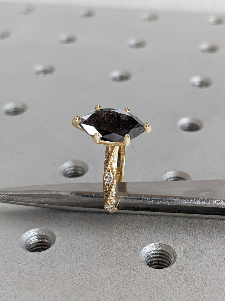 Natural Black Diamond Vintage Marquise cut Engagement Ring | 18k Yellow Gold Salt and Pepper Diamond Promise Ring for Her | Milgrain Ring