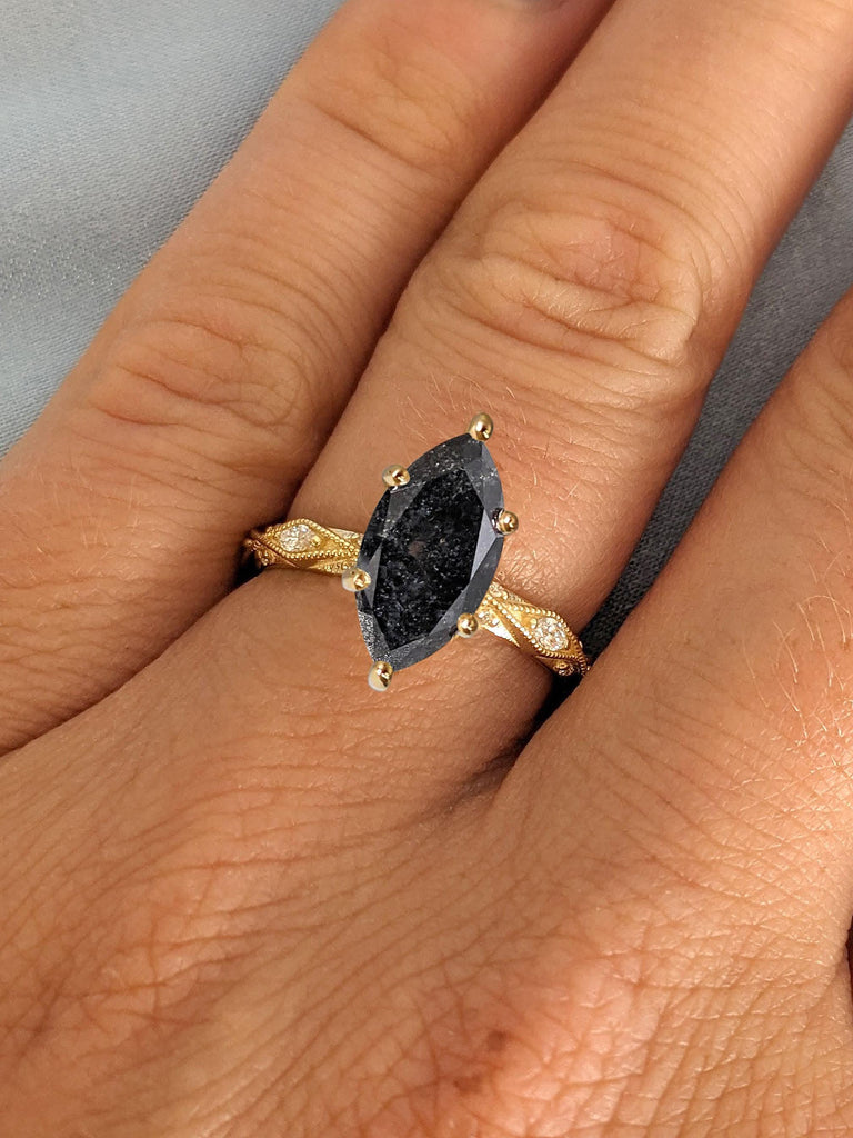 Natural Black Diamond Vintage Marquise cut Engagement Ring | 18k Yellow Gold Salt and Pepper Diamond Promise Ring for Her | Milgrain Ring image #2