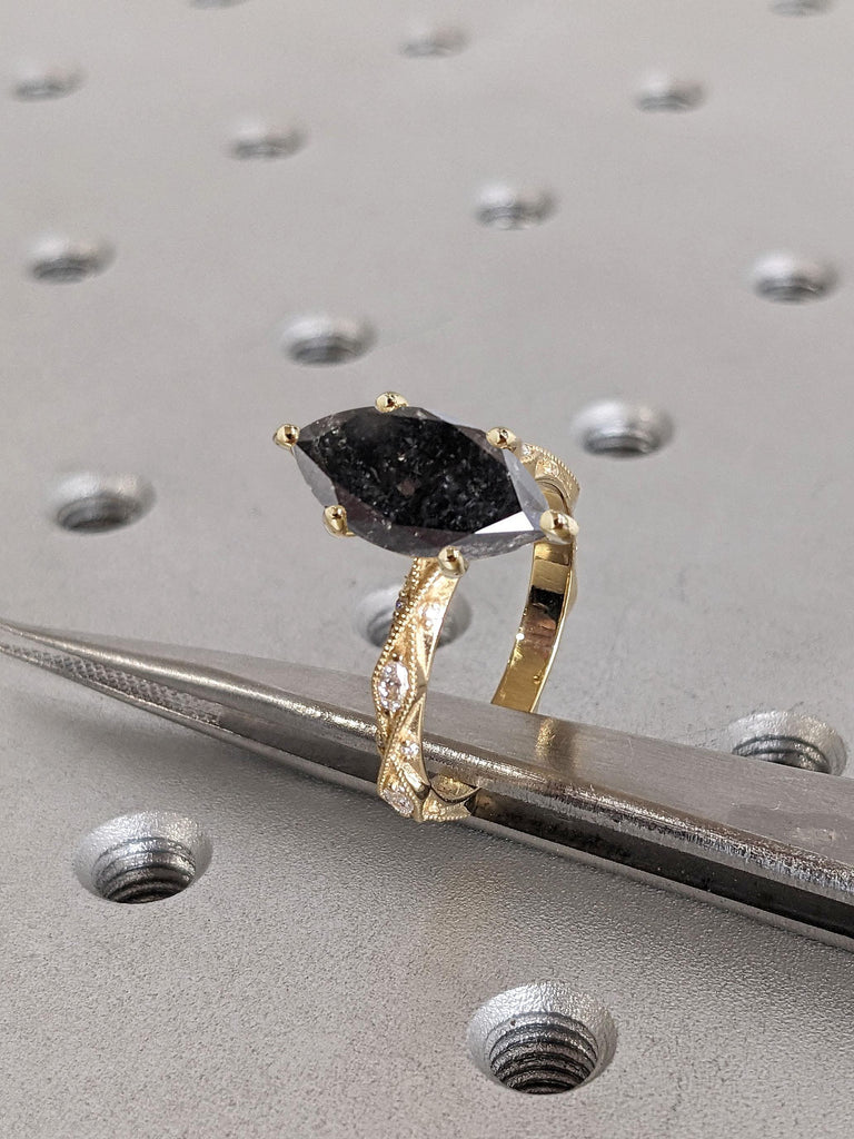 Natural Black Diamond Vintage Marquise cut Engagement Ring | 18k Yellow Gold Salt and Pepper Diamond Promise Ring for Her | Milgrain Ring