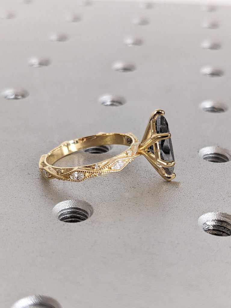 1-2ct Salt and Pepper Galaxy Diamond Marquise cut Engagement Ring | Solid Gold Ring | Milgrain Band