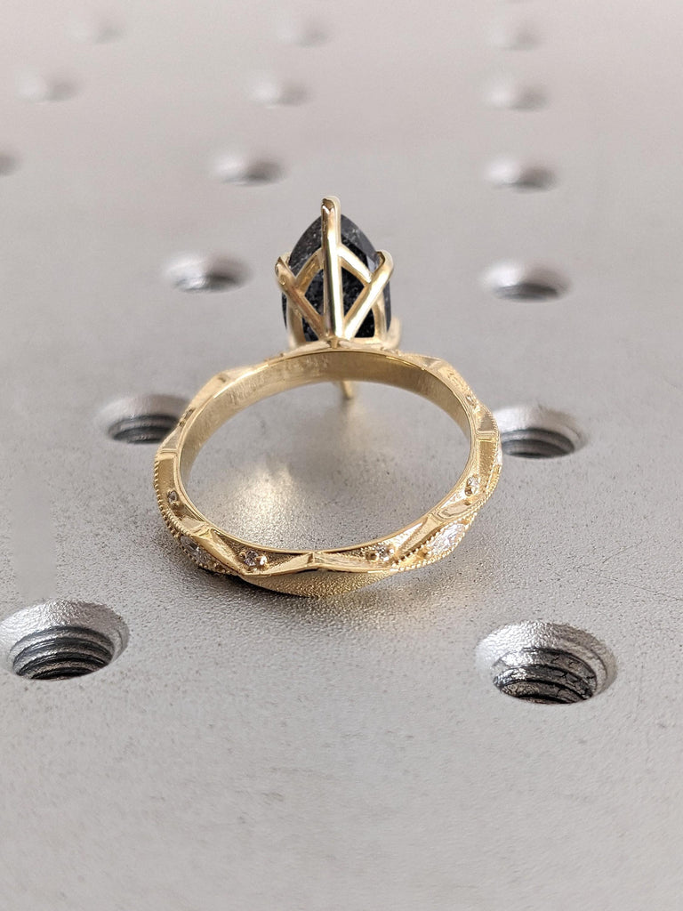 1-2ct Salt and Pepper Galaxy Diamond Marquise cut Engagement Ring | Solid Gold Ring | Milgrain Band