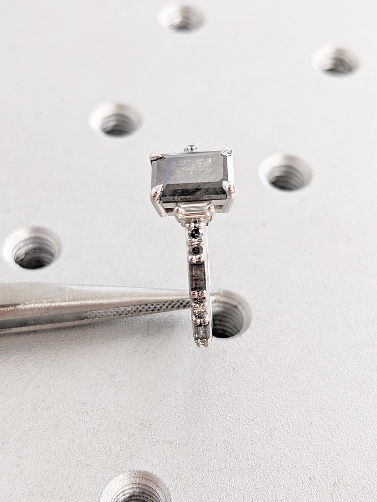 Emerald Cut Salt and Pepper Diamond Engagement Ring, White Gold Ring, Round, Baguette Cut Diamond