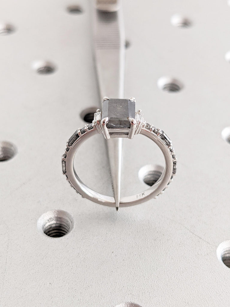 Emerald Cut Salt and Pepper Diamond Engagement Ring, White Gold Ring, Round, Baguette Cut Diamond