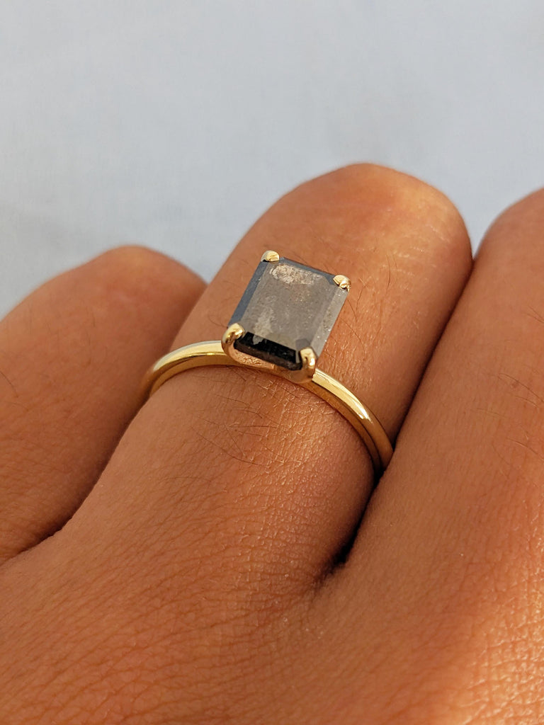 Emerald Cut Salt and Pepper Diamond Ring, Vintage Engagement Ring, Dainty 14k Solid Gold Ring, Unique Solitaire Ring, Bridal Gift for Her