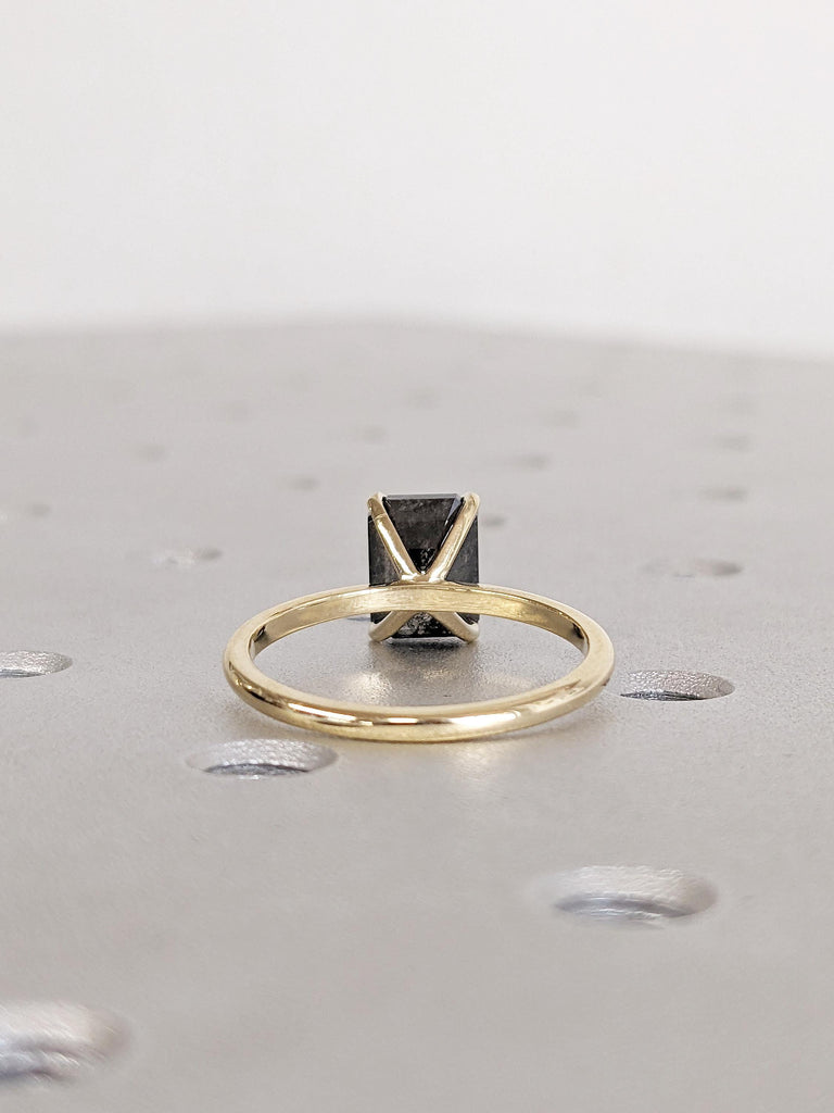 Emerald Cut Salt and Pepper Diamond Ring, Vintage Engagement Ring, Dainty 14k Solid Gold Ring, Unique Solitaire Ring, Bridal Gift for Her