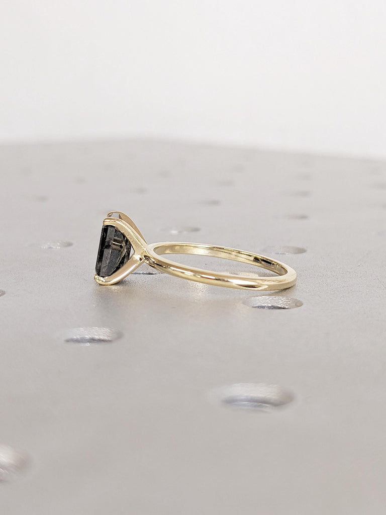 Emerald Cut Salt and Pepper Diamond Ring, Vintage Engagement Ring, Dainty 14k Solid Gold Ring, Unique Solitaire Ring, Bridal Gift for Her