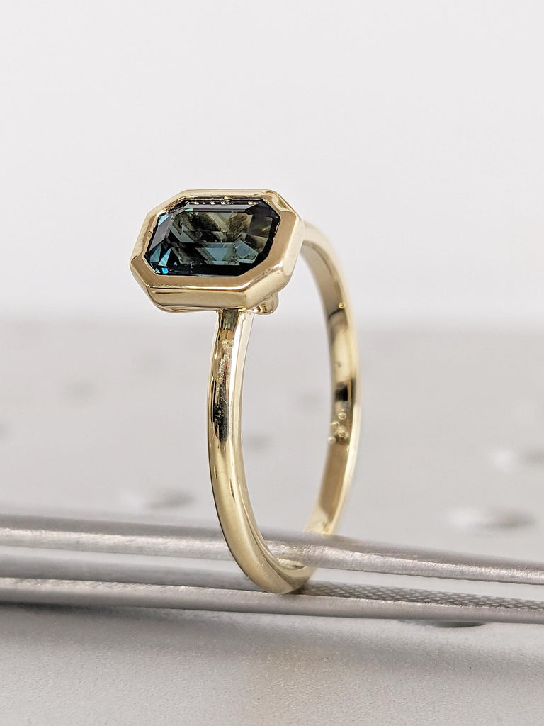 Bezel Engagement Ring, Emerald Cut Ring, Blue Green Sapphire Ring, 14k Solid Gold Ring, September Birthstone, Teal Sapphire Anniversary Ring