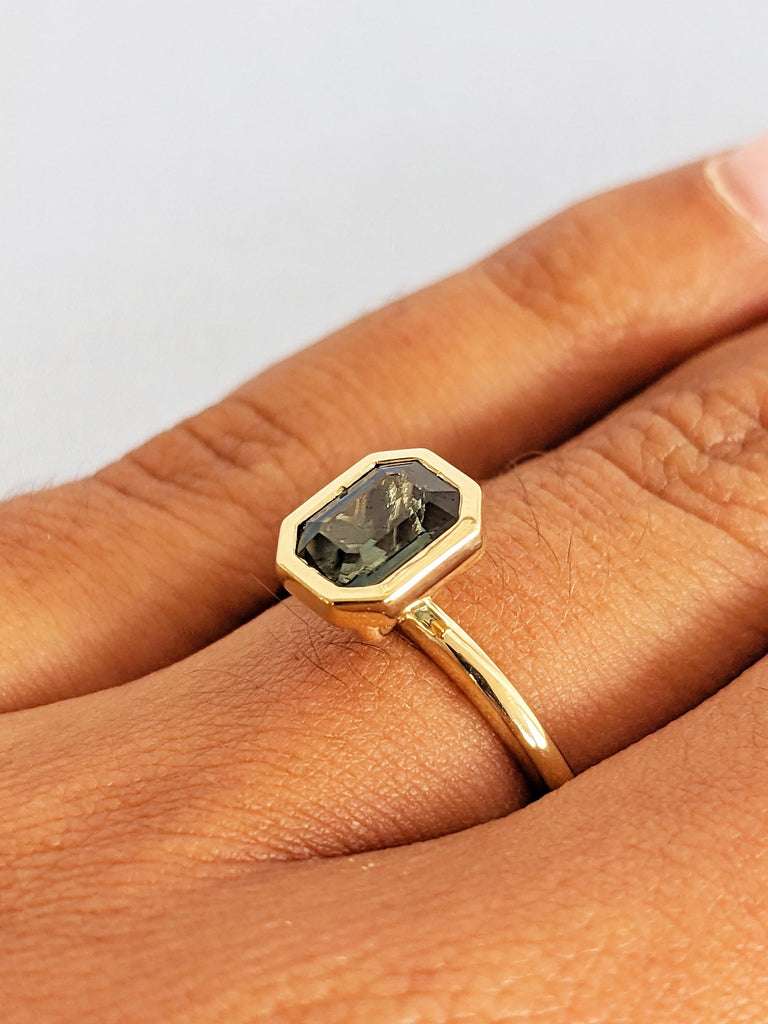 Bezel Engagement Ring, Emerald Cut Ring, Blue Green Sapphire Ring, 14k Solid Gold Ring, September Birthstone, Teal Sapphire Anniversary Ring