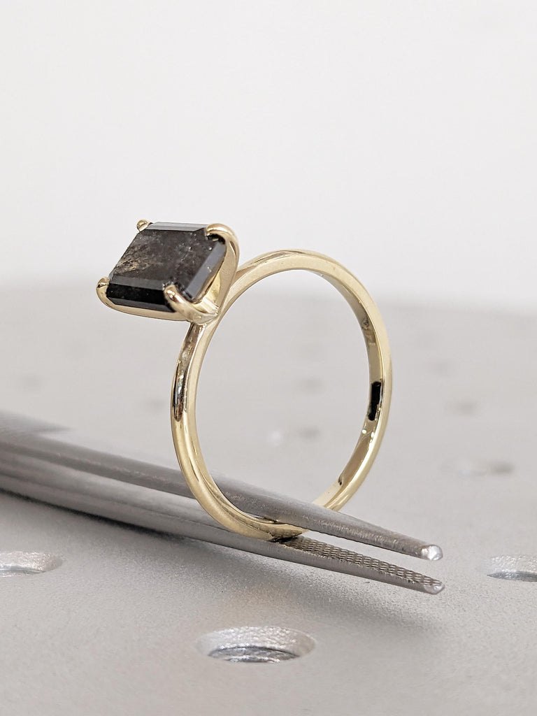 Emerald Cut Salt and Pepper Diamond Ring, Vintage Engagement Ring