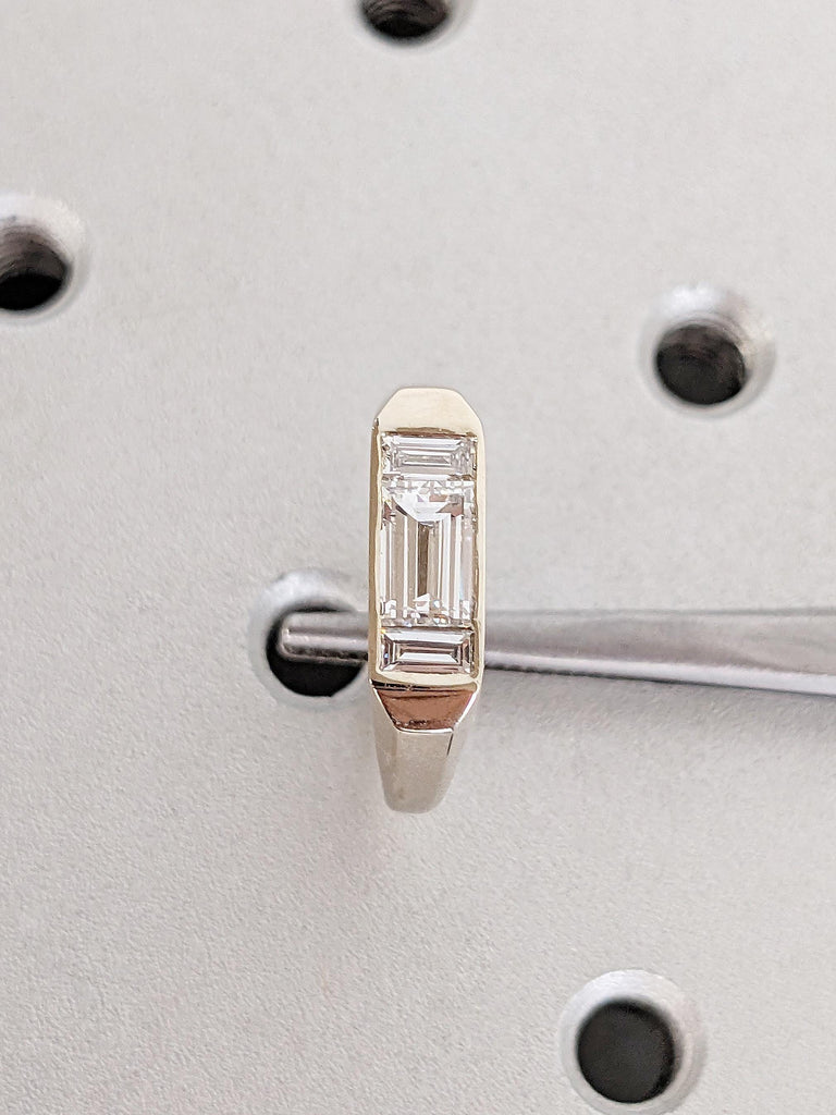 Baguette Cut Moissanite Engagement Ring, Custom 3 Stone White Diamond Ring, Minimalist Bezel Setting Wedding Band, 14K Raw White Gold Ring