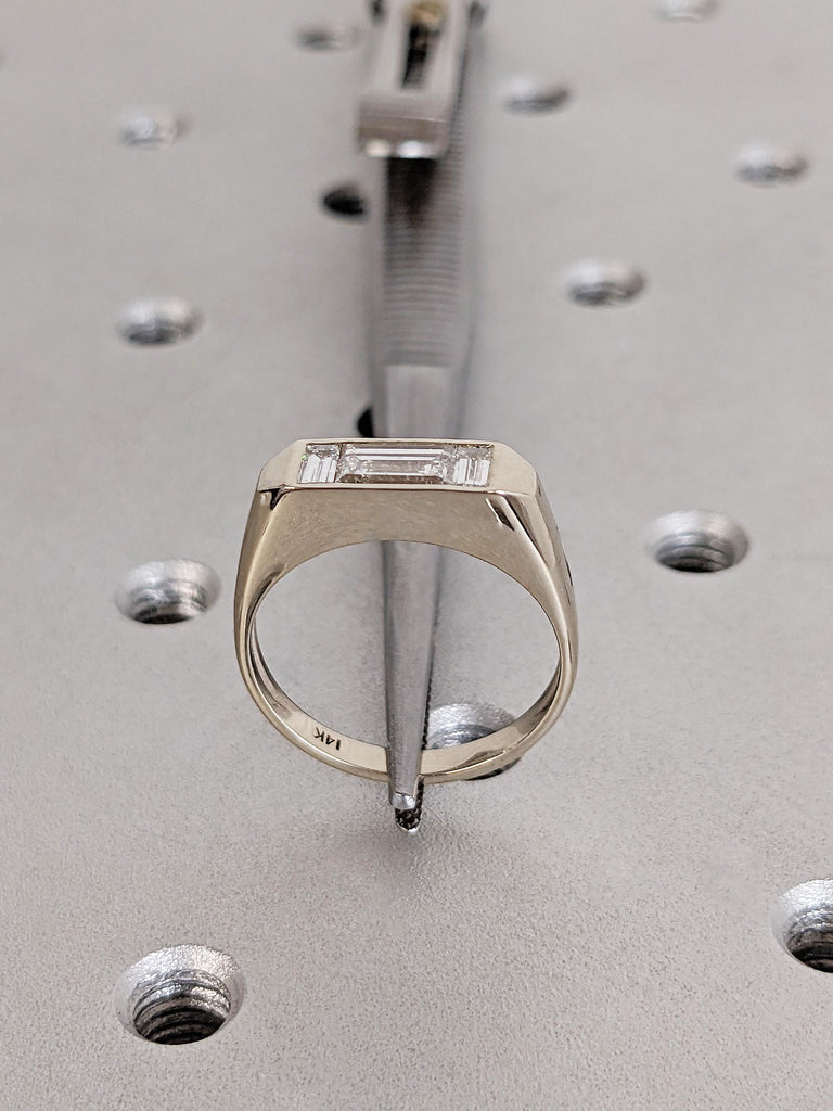 Baguette Cut Moissanite Engagement Ring, Custom 3 Stone White Diamond Ring, Minimalist Bezel Setting Wedding Band, 14K Raw White Gold Ring