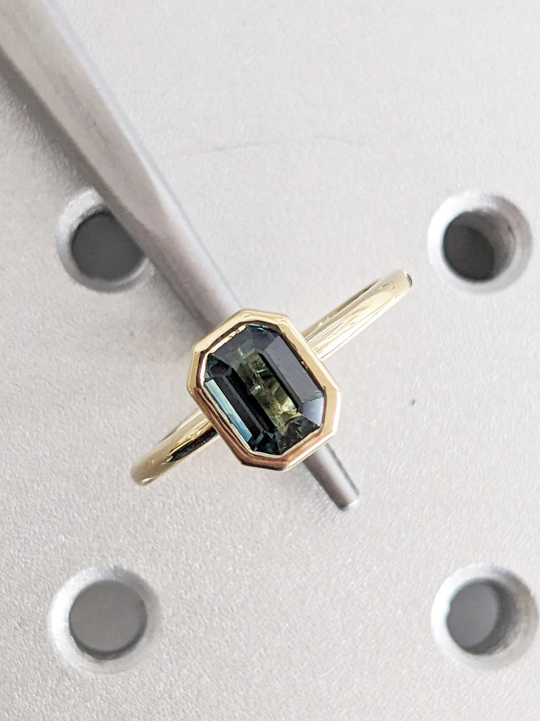 Emerald Cut Montana Sapphire Engagement Ring, 14k Gold Bezel Set Ring