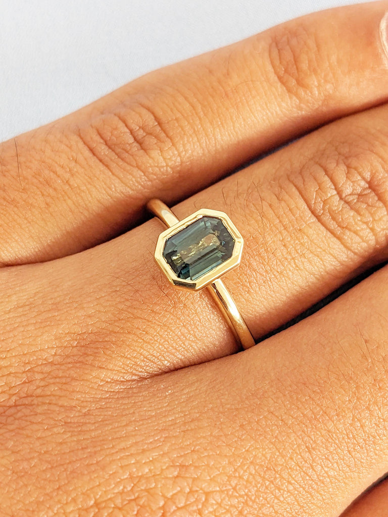 Bezel Engagement Ring, Emerald Cut Ring, Blue Green Sapphire Ring