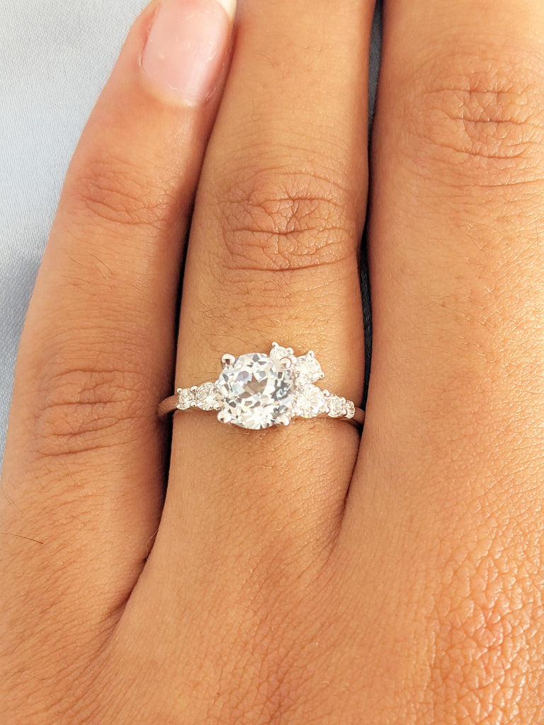 Round Aquamarine Ring, 14k White Gold Engagement Ring, Round Moissanite, Diamond Cluster Ring