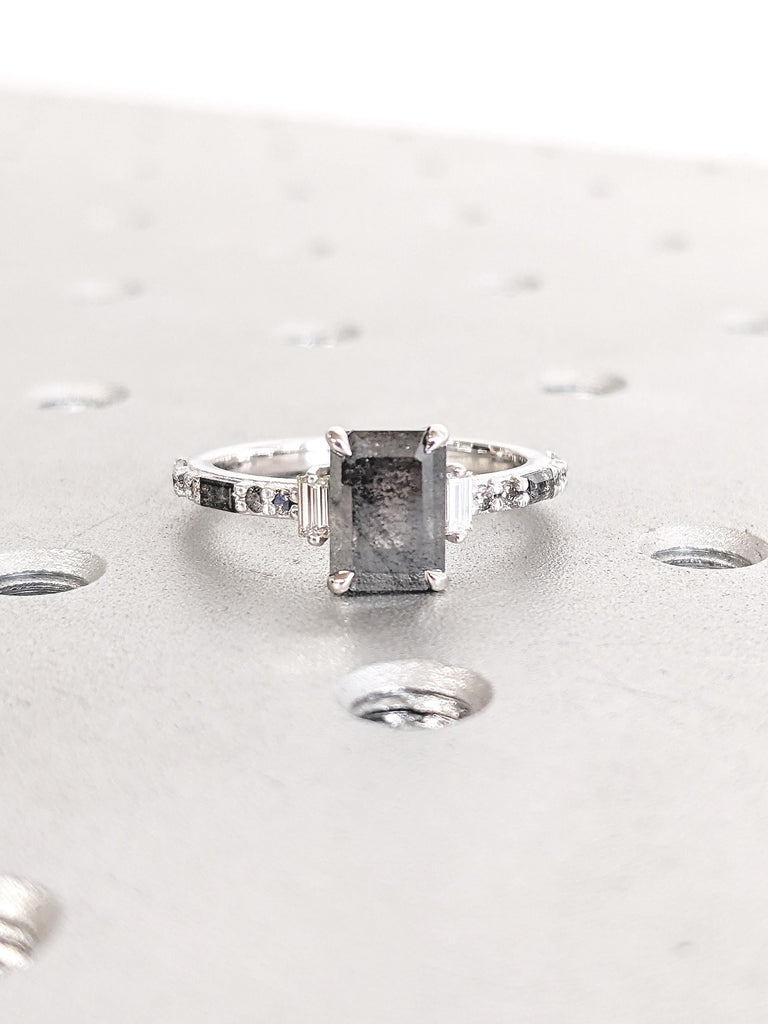 Emerald Cut Salt and Pepper Diamond Engagement Ring, White Gold Ring, Round, Baguette Cut Diamond