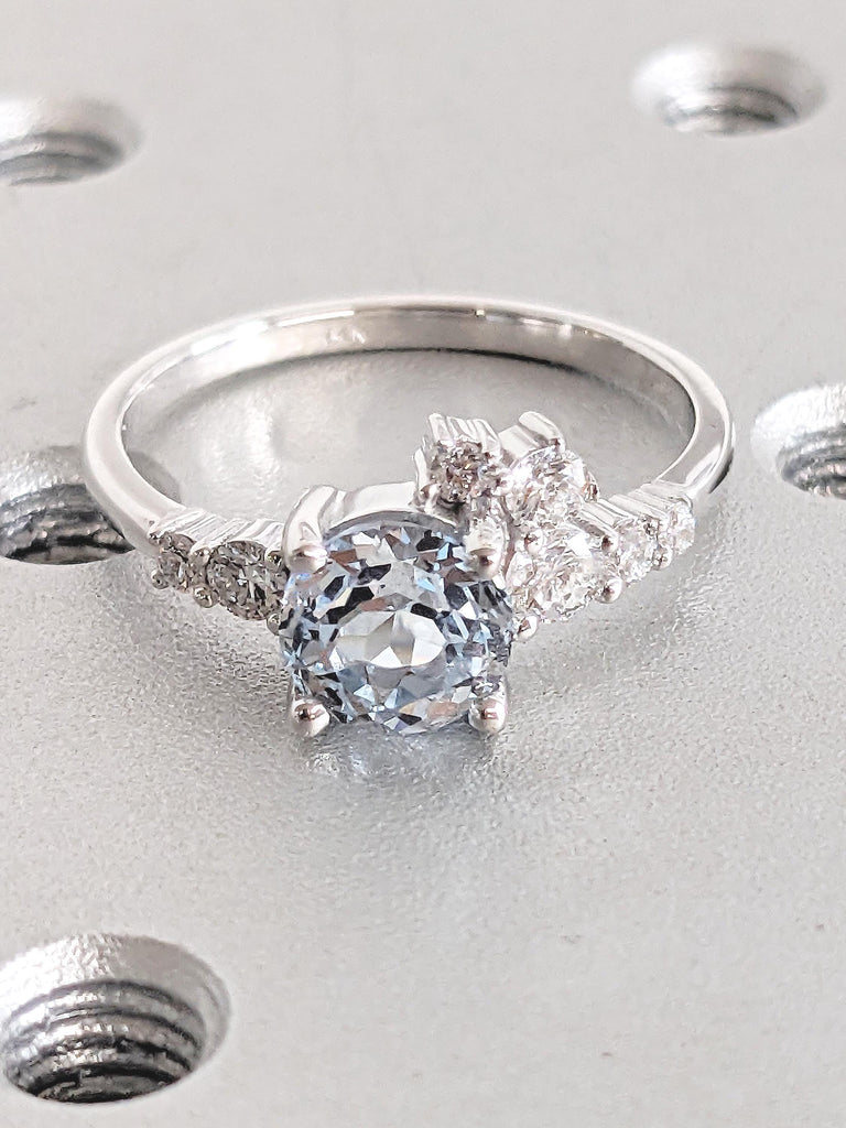 Round Aquamarine Ring, 14k White Gold Engagement Ring, Round Moissanite, Diamond Cluster Ring