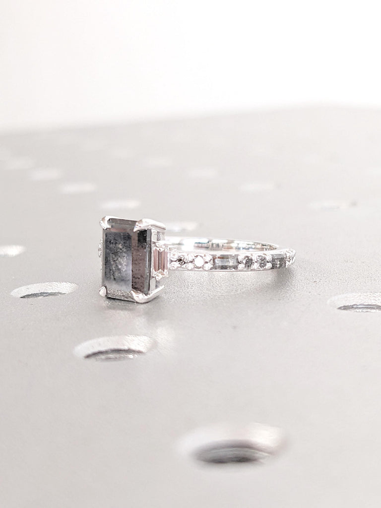 Emerald Cut Salt and Pepper Diamond Engagement Ring, White Gold Ring, Round, Baguette Cut Diamond