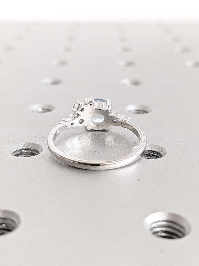 14k Gold Round Aquamarine and Diamond Engagement Ring, Moissanite Cluster Ring, Aquamarine Ring, Promise Ring for Her, March Birthstone Ring