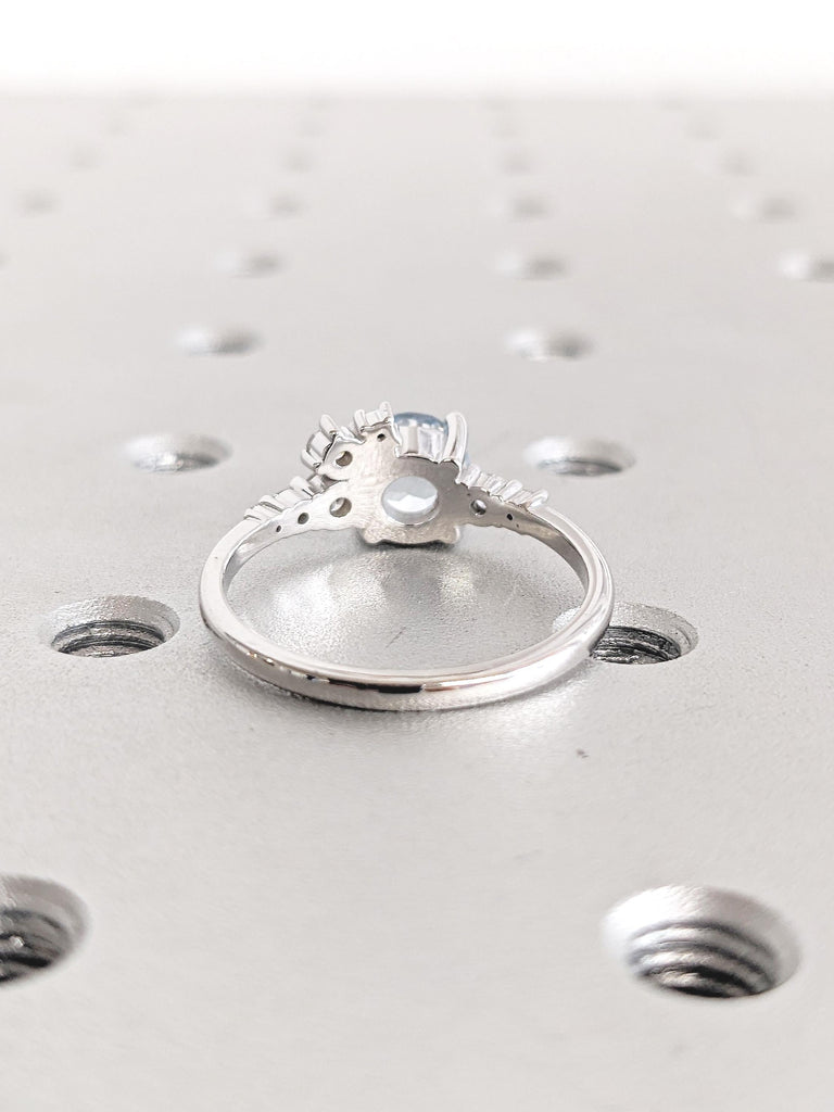 Round Aquamarine Ring, 14k White Gold Engagement Ring, Round Moissanite, Diamond Cluster Ring