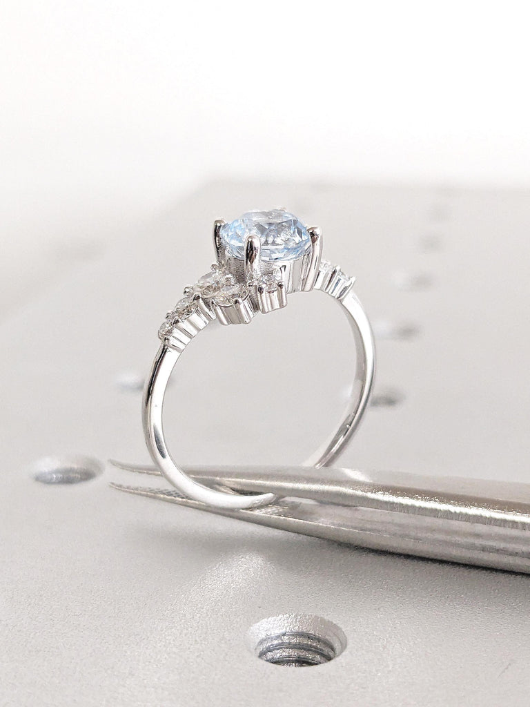 14k Gold Round Aquamarine and Diamond Engagement Ring, Moissanite Cluster Ring, Aquamarine Ring, Promise Ring for Her, March Birthstone Ring