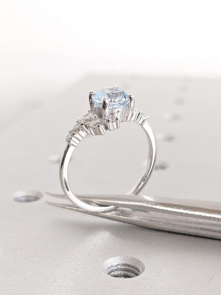 Round Aquamarine Ring, 14k White Gold Engagement Ring, Round Moissanite, Diamond Cluster Ring