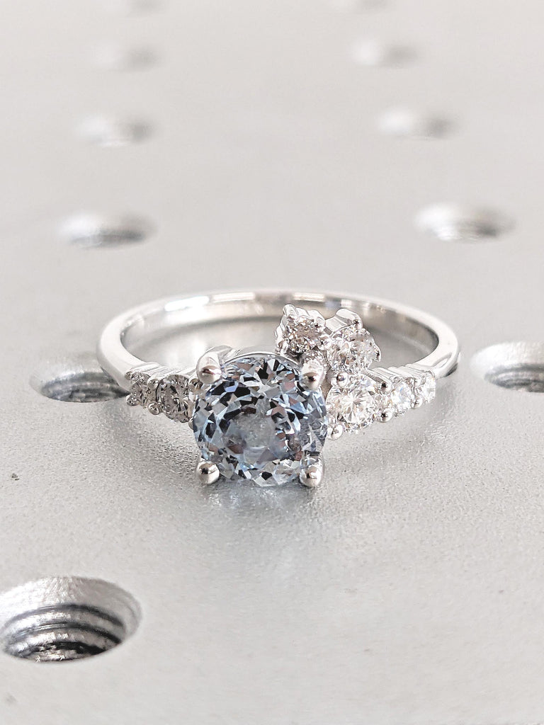 14k Gold Round Aquamarine and Diamond Engagement Ring, Moissanite Cluster Ring, Aquamarine Ring, Promise Ring for Her, March Birthstone Ring