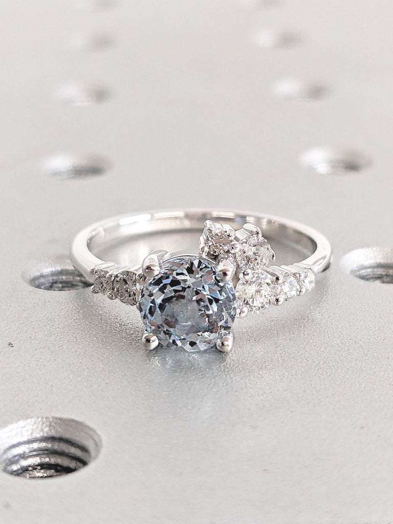 14k White Gold Engagement Ring, Round Aquamarine, Moissanite, Diamond Cluster Ring