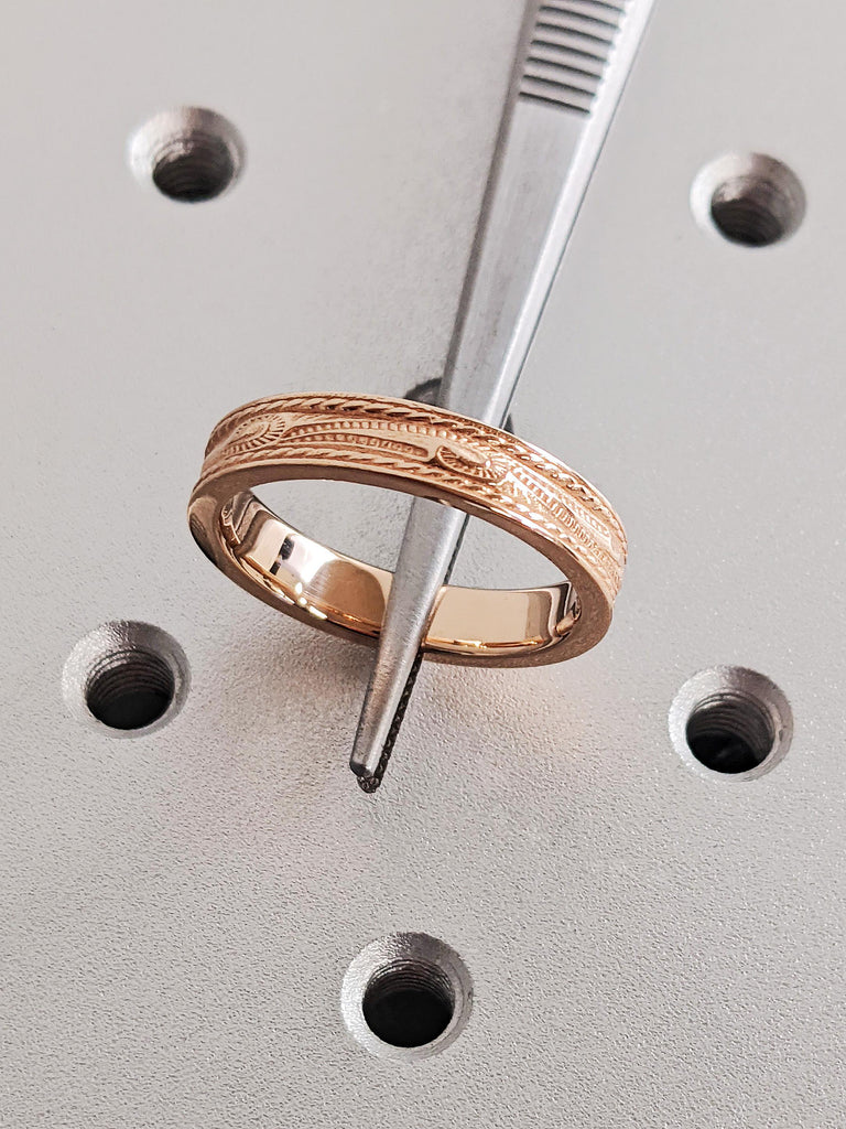 Hand Engraved Rose Gold Men's Engagement Ring, 14K Rose Gold Scroll Engraved Wedding Ring, Vintage Texture 4.5MM Band, Unique Men's Jewelry