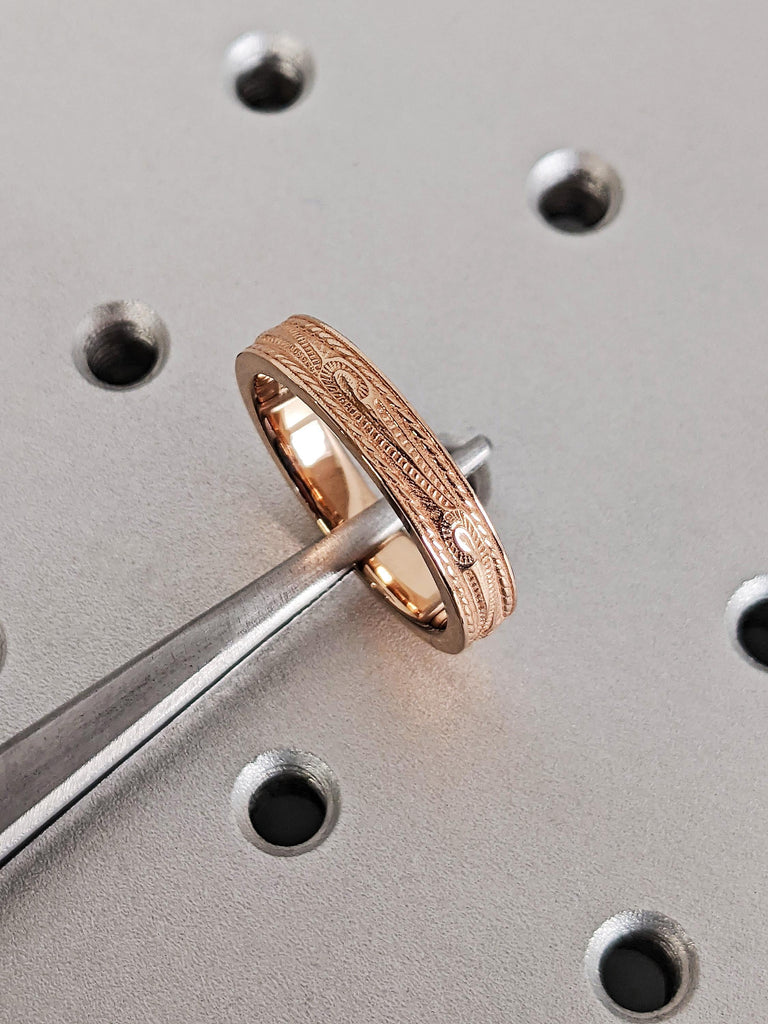 Hand Engraved Rose Gold Men's Engagement Ring, 14K Rose Gold Scroll Engraved Wedding Ring, Vintage Texture 4.5MM Band, Unique Men's Jewelry