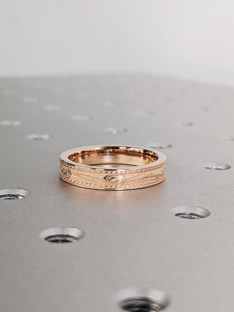 Hand Engraved Rose Gold Men's Engagement Ring, 14K Rose Gold Scroll Engraved Wedding Ring, Vintage Texture 4.5MM Band, Unique Men's Jewelry