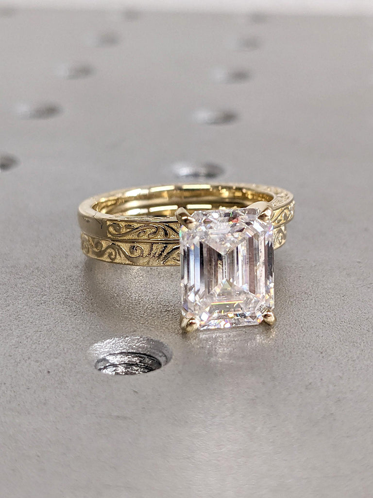 Antique Proposal Ring in 14k Yellow Gold | Emerald cut Solitaire Engagement Ring | Vintage Matching Ring | Women Wedding Ring