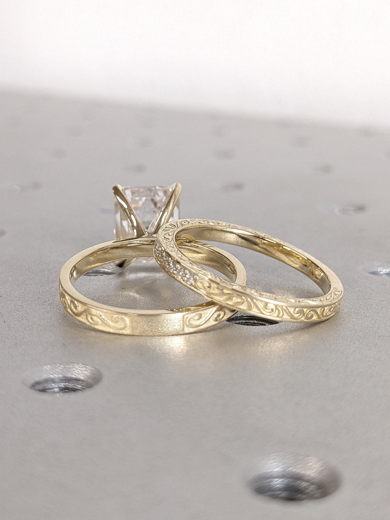 Certified Lab Diamond and Moissanite Engagement Ring Set | 14k Solid Gold Ring | Hand Engrave Filigree Wedding Ring | Antique Proposal Ring image #4