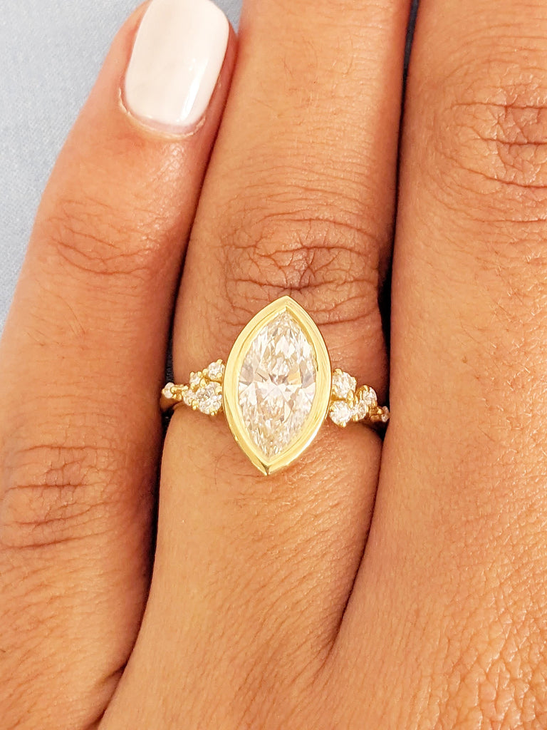 Lab Grown Diamond Ring, 18k Gold Bezel Ring, Marquise Engagement Ring, Diamond Cluster Ring, Gold Promise Ring, Handmade Ring, Vintage Ring image #6