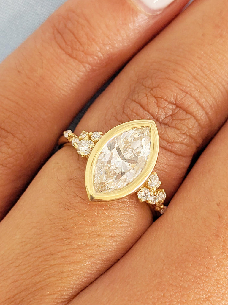 Marquise Cut Moissanite Engagement Ring, 18k Solid Gold Diamond Cluster Ring, Bezel Set Ring