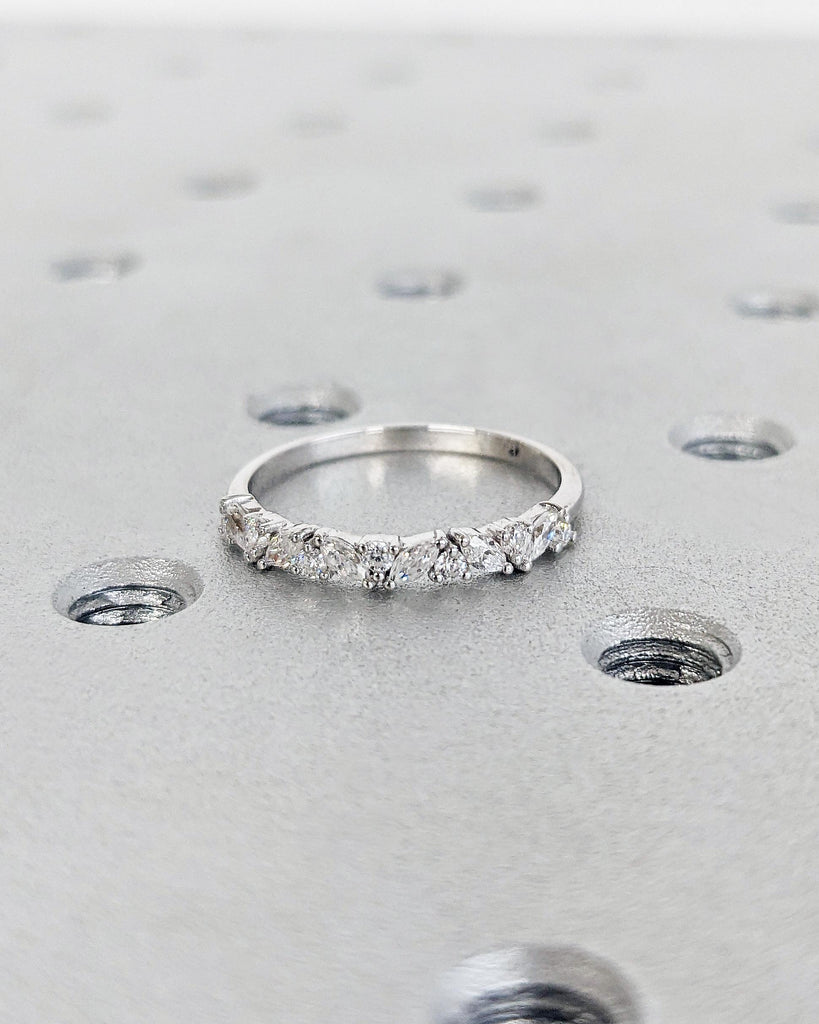 Vintage Matching Band, Half Eternity Band, 14k 18k Rose White Gold, Cluster Marquise Round Moissanite Diamond Wedding Band, Anniversary Gift