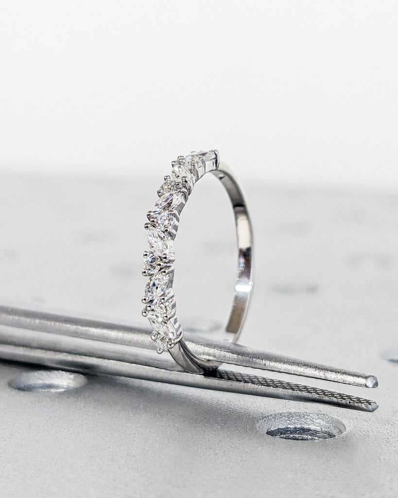 Vintage Matching Band, Half Eternity Band, 14k 18k Rose White Gold, Cluster Marquise Round Moissanite Diamond Wedding Band, Anniversary Gift