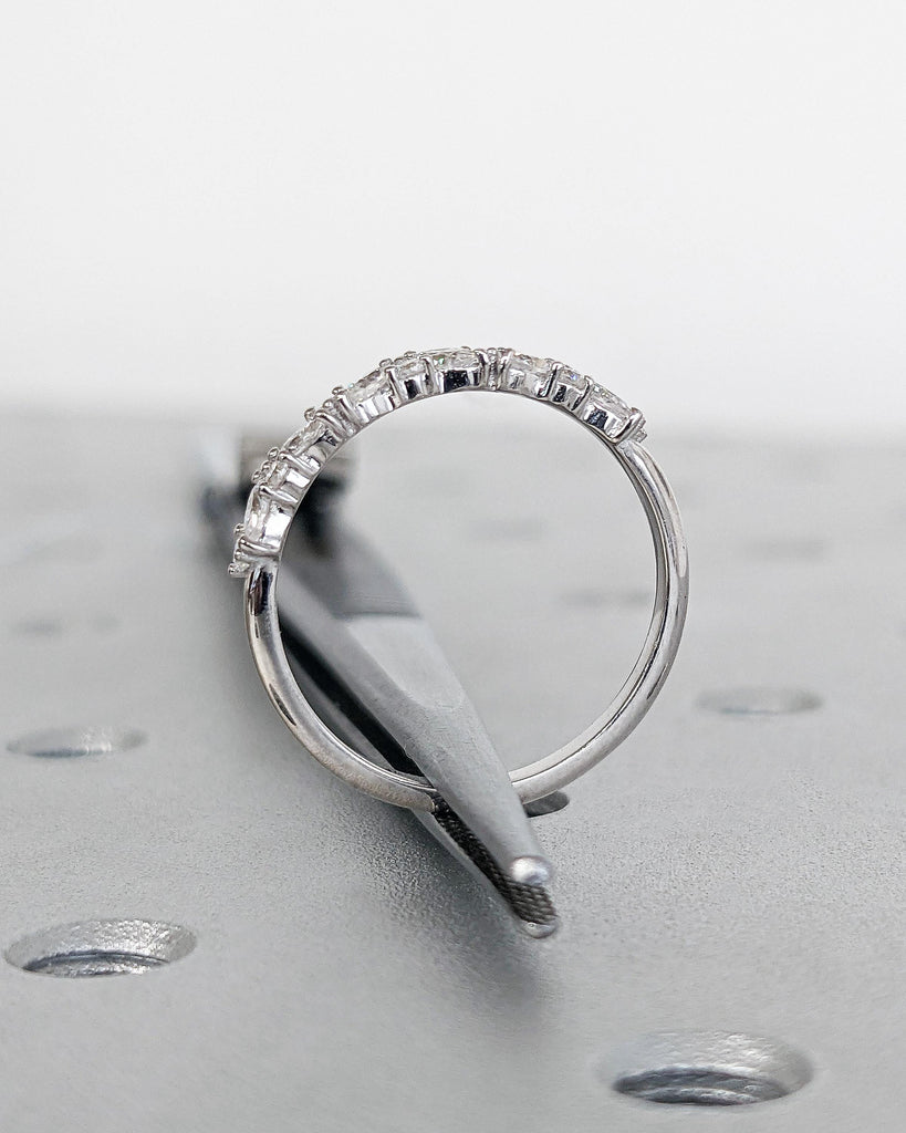 Vintage Lab Diamond Marquise Cut Round Wedding Band | 14K White Gold Wedding Band | Half Eternity Band | Promise Ring Anniversary Band Ring