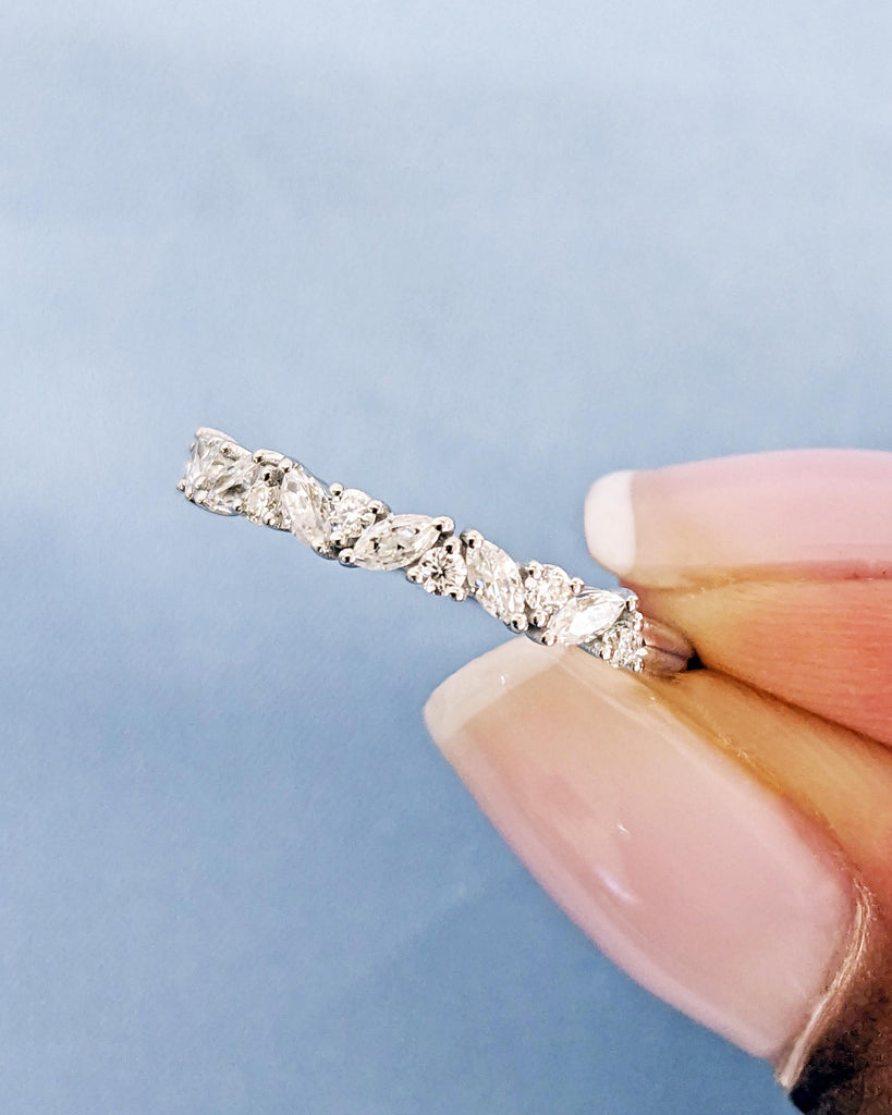 Vintage Lab Diamond Marquise Cut Round Wedding Band | 14K White Gold Wedding Band | Half Eternity Band | Promise Ring Anniversary Band Ring