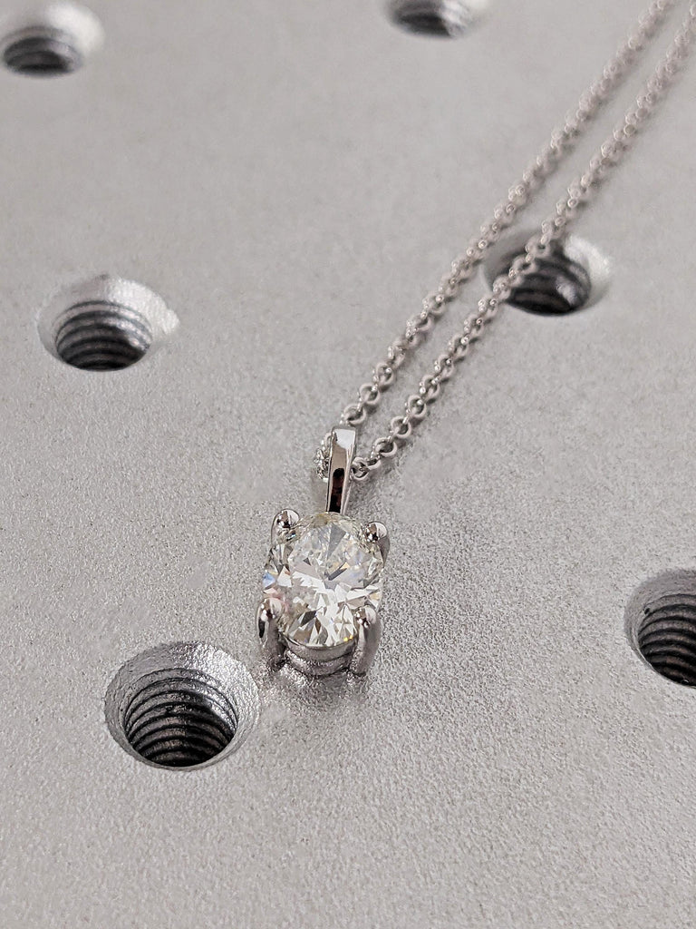 Classic Solitaire Lab Grown Diamond Necklace, Oval Cut White Gold Diamond Pendant, 14K 18K White Gold Eco-Friendly Diamond, Layered Necklace