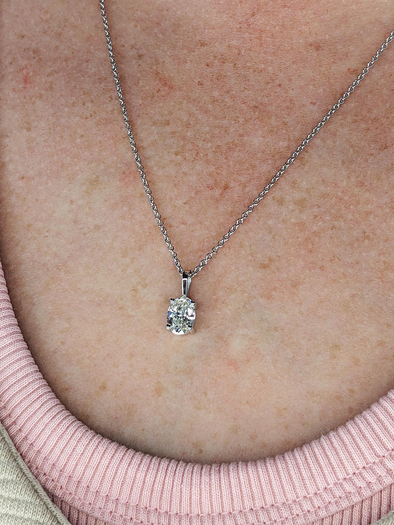 Classic Solitaire Lab Grown Diamond Necklace, Oval Cut White Gold Diamond Pendant, 14K 18K White Gold Eco-Friendly Diamond, Layered Necklace